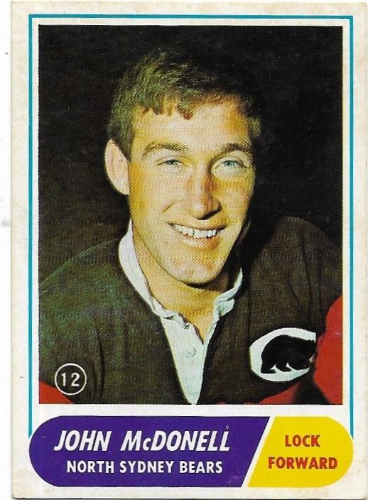 1969 Scanlens Rugby League (12) John McDonell North Sydney Bears
