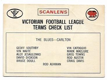 1975 VFL Scanlens Check List Carlton *