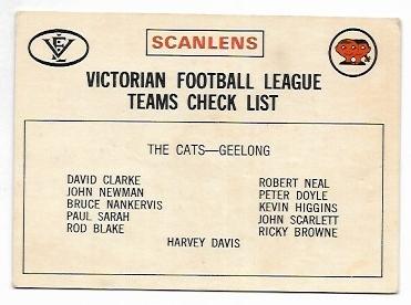 1975 VFL Scanlens Check List Geelong *