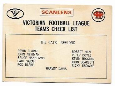 1975 VFL Scanlens Check List Fitzroy *