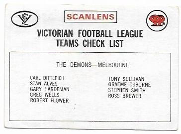 1975 VFL Scanlens Check List Melbourne *
