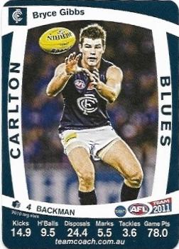 2011 Teamcoach Prize Card Carlton Bryce Gibbs (Error)