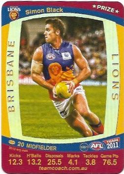 2011 Teamcoach Prize Card Brisbane Simon Black (Not Embossed Error)
