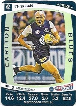 2011 Teamcoach Prize Card Carlton Chris Judd (Not Embossed Error)