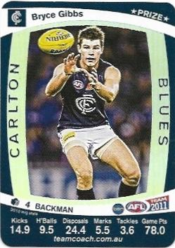2011 Teamcoach Prize Card Carlton Bryce Gibbs (Not Embossed Error)