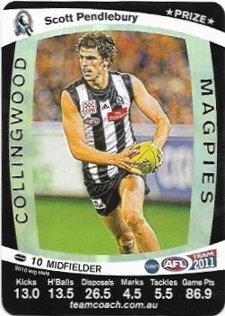 2011 Teamcoach Prize Card Collingwood Scott Pendlebury (Not Embossed Error)
