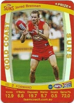 2011 Teamcoach Prize Card Gold Coast Jared Brennan (Not Embossed Error)
