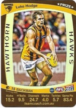 2011 Teamcoach Prize Card Hawthorn Luke Hodge (Not Embossed Error)