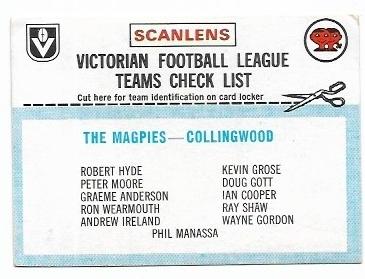 1977 Scanlens Collingwood Checklist
