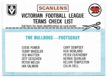 1977 Scanlens Footscray Checklist