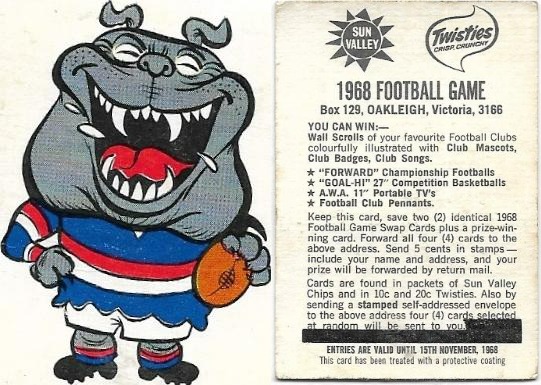 1968 Twisties Mascot – Footscray (Reverse – You Can Win Date Blackened Out)