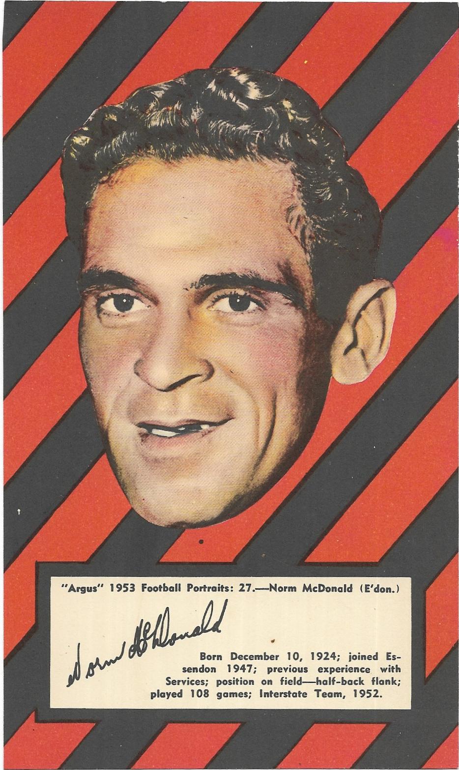 1953 Argus Football Portraits (27) Norm McDonald Essendon
