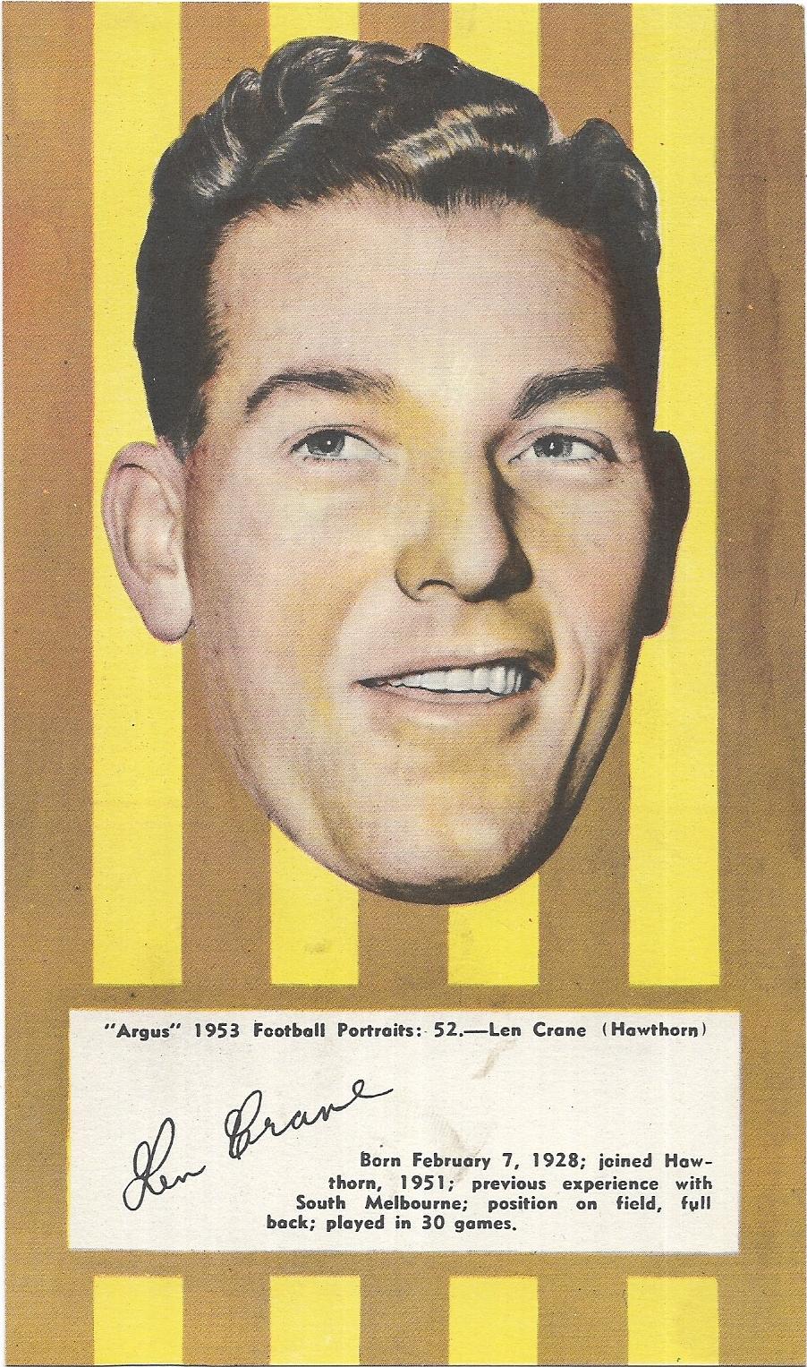 1953 Argus Football Portraits (52) Len Crane Hawthorn