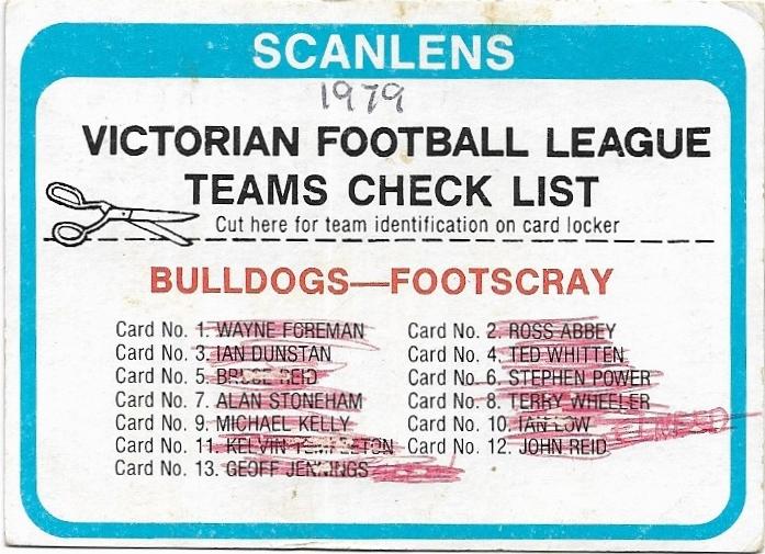 1979 Scanlens Check List – Footscray