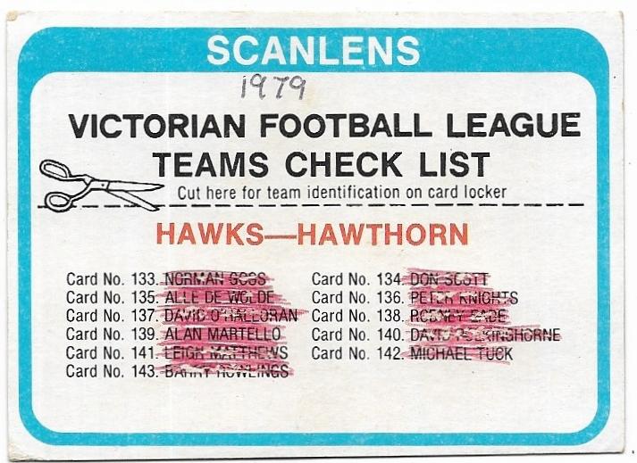 1979 Scanlens Check List – Hawthorn