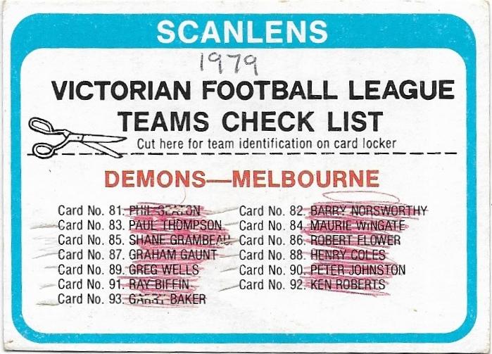 1979 Scanlens Check List – Melbourne