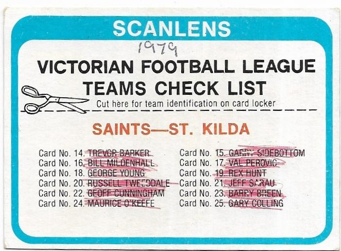1979 Scanlens Check List – St. Kilda