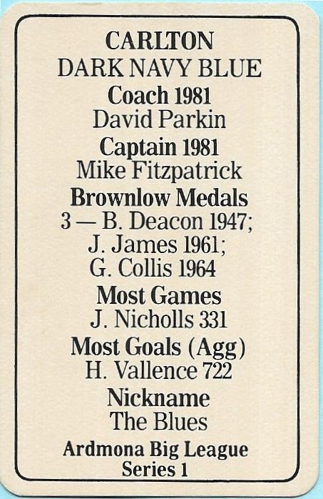 1981 Ardmona Series 1 Carlton – Club History 2