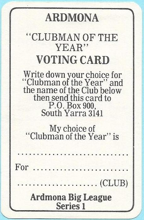 1981 Ardmona Series 1 Club Man Of The Year Voting Card