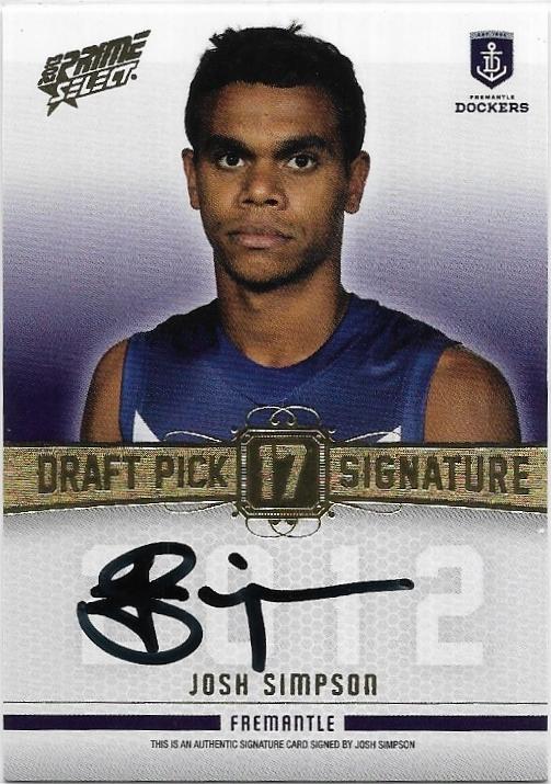 2013 Select Prime Draft Pick Signature (DPS15) Josh Simpson Fremantle 051/280