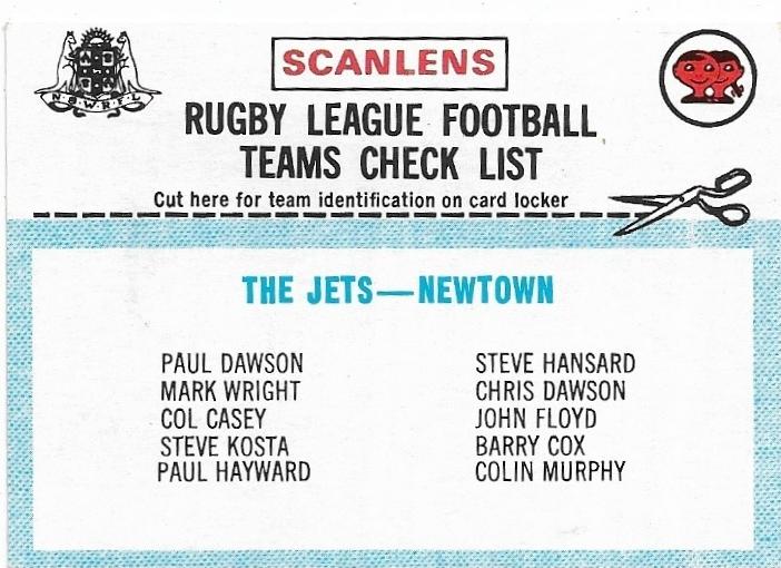 1977 Scanlens Rugby League Newtown Jets Checklist