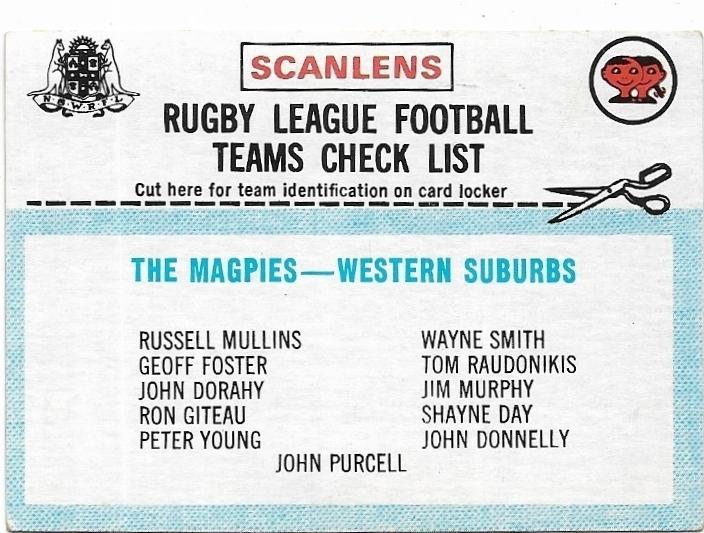 1977 Scanlens Rugby League Western Suburbs Magpies Checklist