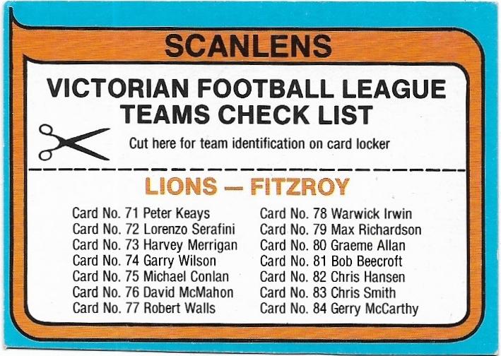 1980 Scanlens Fitzroy Checklist