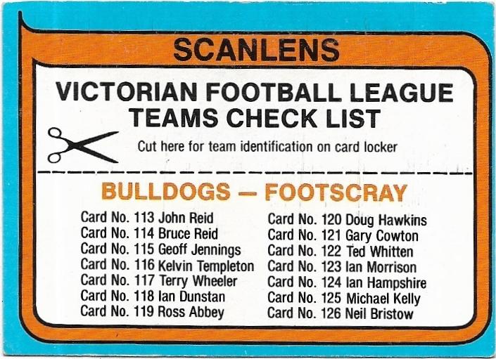 1980 Scanlens Footscray Checklist