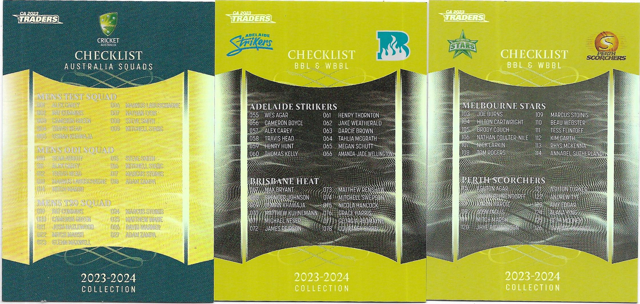 2023/24 Cricket Traders Special Parallel Checklists (3 Card Set)